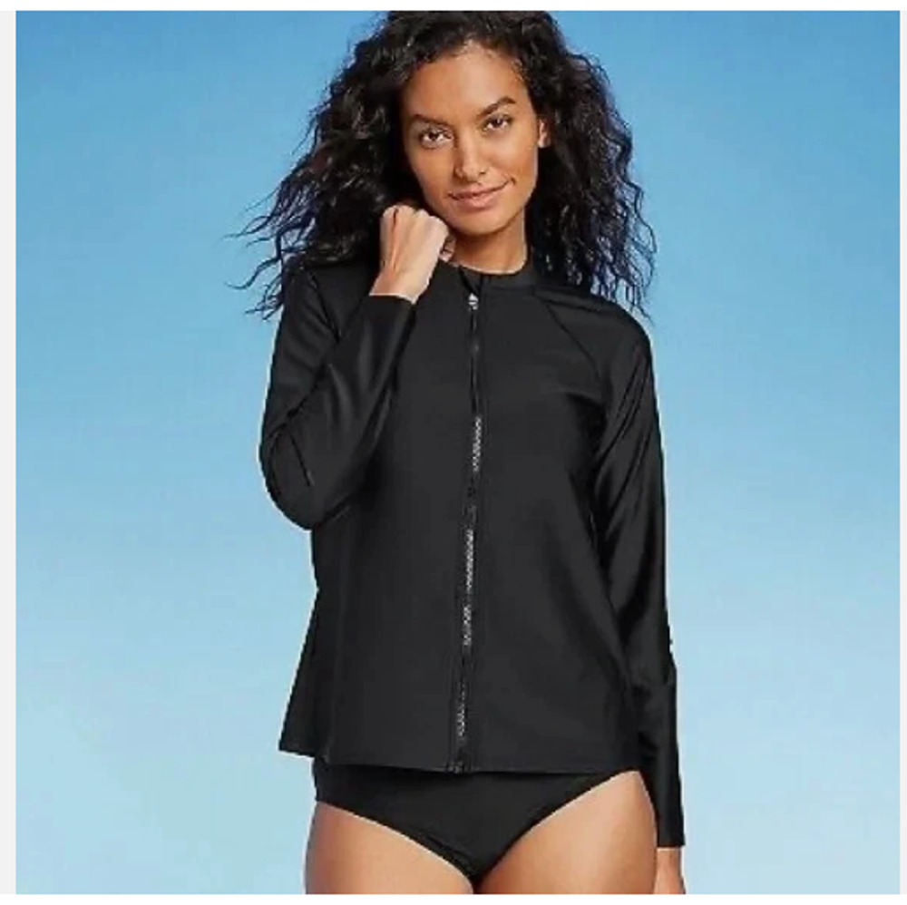 Long Sleeve Rash Guard Mock Neck Sz Small 4-6 NWT Full Zip UPF50+ Black Kona Sol